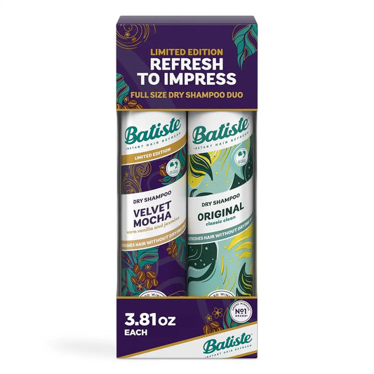 Batiste Dry Shampoo Limited Edition Holiday Gift Set Duo, Velvet Mocha & Original Scent, Refreshes Hair, Removes Oil & Grease, 7.62 Oz, 2 Pack